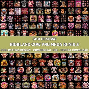以下が含まれることがあります： 黒い背景に300種類のハイランドカウPNGデザインのコレクション。デザインは、アクセサリー、テキスト、グラフィックを備えたさまざまな牛のイラストを特徴としています。テキストには「Happy Heifer」、「Mom」、「Vibes」が含まれています。