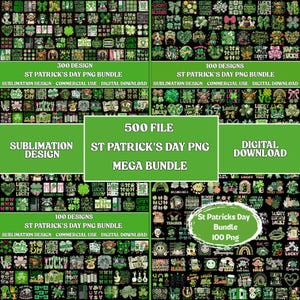 May include: A digital download bundle featuring St. Patrick's Day designs. The image showcases various PNG files with themes of shamrocks, leprechauns, and lucky symbols. The bundle includes 300 and 100 designs, perfect for sublimation projects. The text reads "St Patrick's Day PNG Mega Bundle".