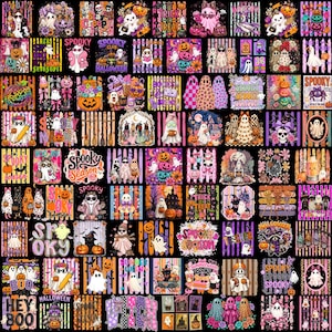 May include: A digital collage featuring numerous square panels with Halloween-themed illustrations, including ghosts, pumpkins, witches, and skeletons, accented with floral patterns, stripes, and text like Spooky Season and Trick or Treat.