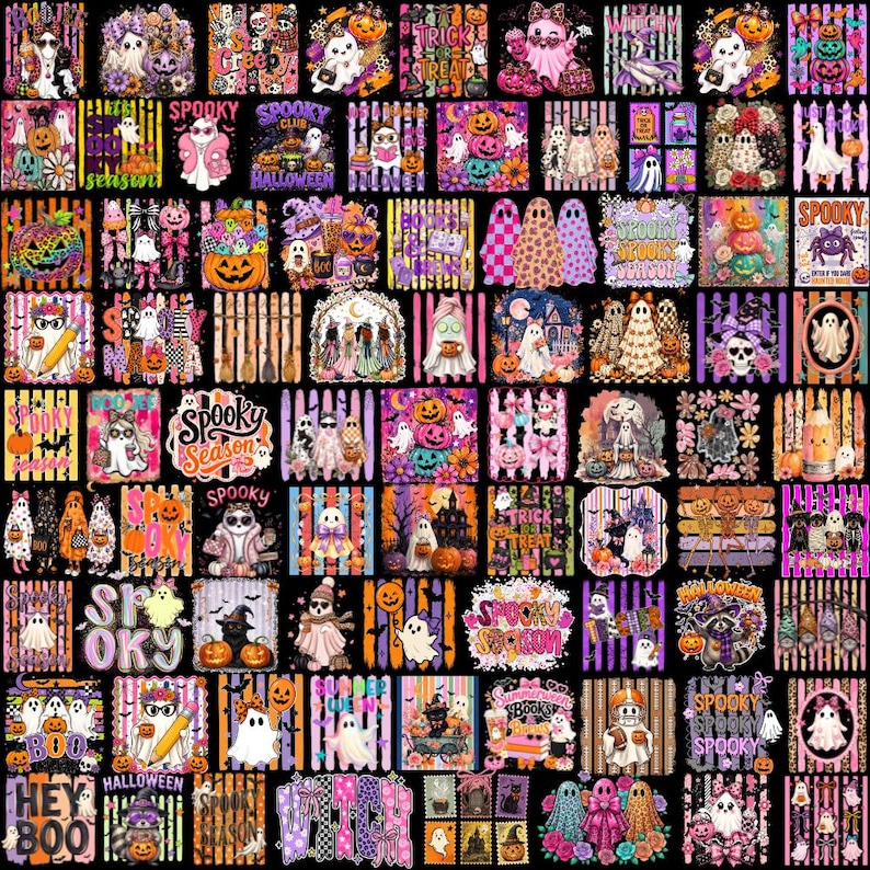 May include: A digital collage featuring numerous square panels with Halloween-themed illustrations, including ghosts, pumpkins, witches, and skeletons, accented with floral patterns, stripes, and text like Spooky Season and Trick or Treat.