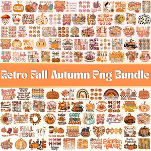 Puede incluir: Un conjunto de gráficos PNG de estilo retro con temática otoñal. Las imágenes presentan calabazas, hojas, lazos y texto como "Fall Vibes" y "Pumpkin Spice". La paleta de colores incluye naranja, marrón y crema.