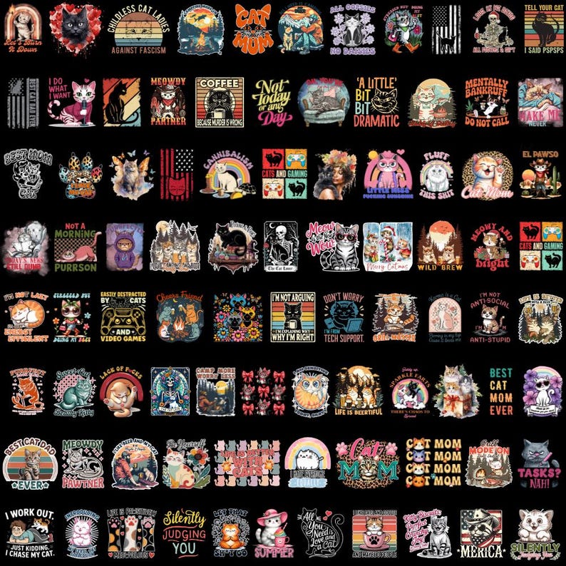 K&ouml;nnte beinhalten: Sammlung von Grafiken zum Thema Katze auf verschiedenen Produkten. Designs enthalten Texte wie "Cat Mom", "Meowy Wear" und "I'm Not Arguing". Die Bilder zeigen Katzen in verschiedenen Stilen, von cartoonhaft bis realistisch, mit leuchtenden Farben.