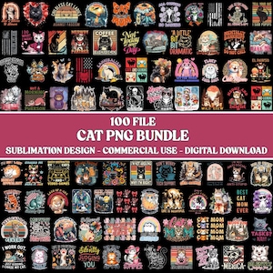 K&ouml;nnte beinhalten: Eine Sammlung von 100 PNG-Dateien zum Thema Katze f&uuml;r Sublimationsdesign. Die Bilder zeigen verschiedene Katzenillustrationen mit Text, darunter S&auml;tze wie "Meowdy", "Cat Mom" und "I Work Out". Das Bundle ist f&uuml;r die kommerzielle Nutzung und den digitalen Download bestimmt.