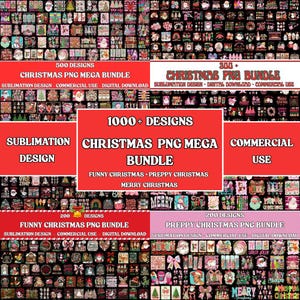May include: A digital collection of over 1000 Christmas-themed PNG sublimation designs featuring various holiday graphics, including Santa Claus, festive text, and seasonal patterns, organized into multiple bundles for commercial use.