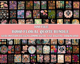Pode incluir: Uma coleção de 100 designs de citações florais Boho, apresentando vários arranjos florais, arco-íris e frases inspiradoras. Os designs estão em uma variedade de cores, incluindo rosa, laranja, verde e azul, em um fundo preto. O texto inclui "Mental Health Matters" e "Bloom Where You Are".