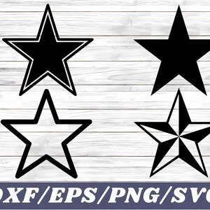 May include: Four black and white star shapes. The top left star is a five-pointed star with a thick outline. The top right star is a five-pointed star with a thin outline. The bottom left star is a five-pointed star with a thick outline. The bottom right star is a five-pointed star with a thick outline and a central point.