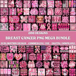 Puede incluir: Una colección digital de 200 diseños de concienciación sobre el cáncer de mama con cintas rosas, calabazas, balones de fútbol, calaveras y textos inspiradores como Fight Hope Cure, dispuestos en una cuadrícula para sublimación.