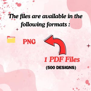 Puede incluir: Gr&aacute;fico rosa con texto que indica formatos de archivo. El texto dice: "Los archivos est&aacute;n disponibles en los siguientes formatos:" seguido de "PNG" y "1 PDF Files (500 DESIGNS)". Una flecha roja apunta a los archivos PDF.