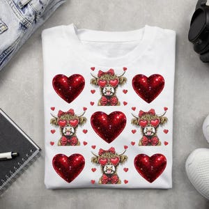 May include: White t-shirt featuring a repeating pattern of glittery red hearts and cartoon Highland cows wearing heart-shaped sunglasses and bow ties. The cows have brown fur and small red hearts scattered around them.