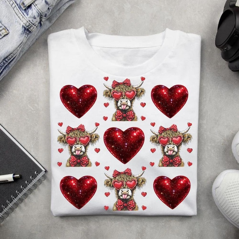 May include: White t-shirt featuring a repeating pattern of glittery red hearts and cartoon Highland cows wearing heart-shaped sunglasses and bow ties. The cows have brown fur and small red hearts scattered around them.