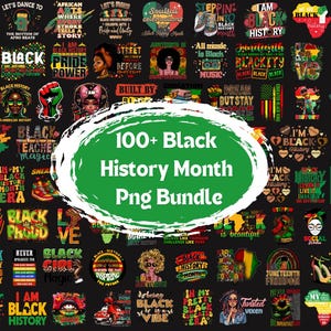 May include: A collage of 100+ colourful digital designs celebrating Black History Month. The designs feature various phrases and images related to Black culture and history, including "Black History Month", "Black Power", "Black is Beautiful", and "I Am Black History".