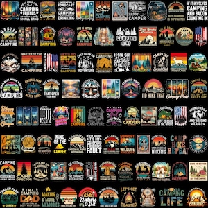 May include: A collection of camping-themed graphic designs on a black background. The designs feature text like "Camping," "Adventure," and "Happy Camper," along with illustrations of tents, mountains, and campfires. The color palette includes shades of blue, orange, and green.