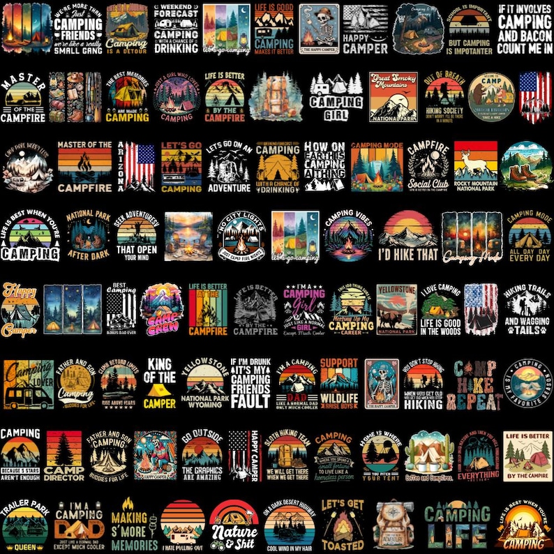 May include: A collection of camping-themed graphic designs on a black background. The designs feature text like "Camping," "Adventure," and "Happy Camper," along with illustrations of tents, mountains, and campfires. The color palette includes shades of blue, orange, and green.
