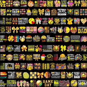 May include: A collection of softball-themed designs in yellow, black, and white. The designs include text like "Softball Dad," "Game Day," and "Softball Mom," along with softball graphics and bows. The overall theme is sports and family.