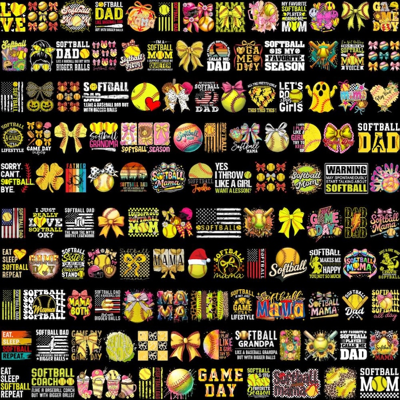 May include: A collection of softball-themed designs in yellow, black, and white. The designs include text like "Softball Dad," "Game Day," and "Softball Mom," along with softball graphics and bows. The overall theme is sports and family.