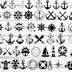 Puede incluir: Una colección de 50 archivos de corte SVG de temática náutica en blanco y negro. Los diseños incluyen anclas, ruedas de barco, brújulas, faros, salvavidas y más.