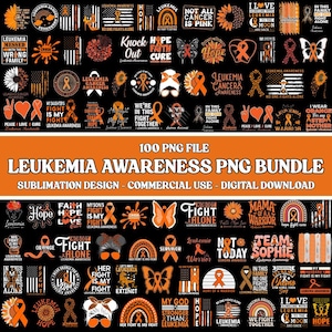 May include: A digital download bundle featuring 100 PNG files with leukemia awareness designs. The collection includes various graphics with orange ribbons, text, and symbols, promoting support and awareness for leukemia.