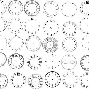 Puede incluir: Una colección de 24 esferas de reloj en blanco y negro con diferentes estilos, incluyendo números romanos, números arábigos y marcas de puntos simples.