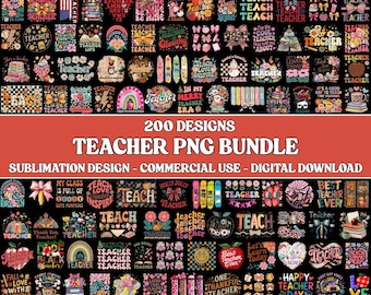 Puede incluir: Un conjunto de 200 diseños PNG con temática de profesores. Los diseños incluyen varios gráficos, textos e ilustraciones, como manzanas, lápices y citas inspiradoras. El texto "TEACHER PNG BUNDLE" es visible.