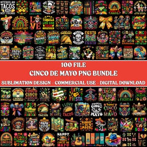 Puede incluir: Un paquete de descarga digital con 100 archivos PNG del Cinco de Mayo. Los diseños incluyen ilustraciones coloridas con texto como "Tacos", "Fiesta" e imágenes de calaveras, sombreros y guitarras. Ideal para sublimación.