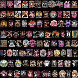 May include: A collection of raccoon-themed graphic designs on a black background. The designs feature raccoons with various phrases like "Feral," "Trash," and "Sarcastic." The images are colorful and include text and illustrations.