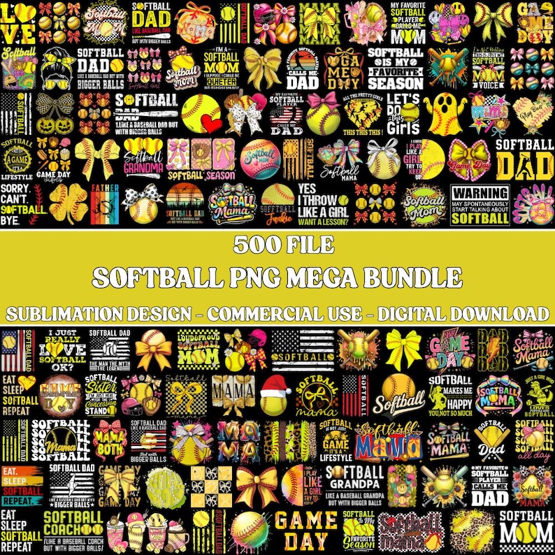 May include: A collection of softball-themed PNG designs, including text like "Softball Dad," "Softball Mom," and "Game Day." The designs feature softballs, bows, and American flag elements, suitable for sublimation projects. The bundle includes 500 files.