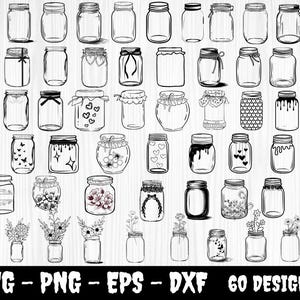 Könnte beinhalten: Eine schwarz-weiße Sammlung von 60 Gläser-Designs. Die Gläser variieren in Form und Größe, einige mit dekorativen Elementen wie Schleifen, Herzen und floralen Akzenten. Der Text "SVG - PNG - EPS - DXF 60 DESIGNS" ist enthalten.