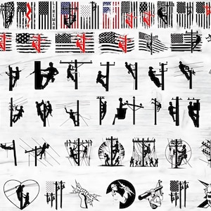 May include: A collection of black and white silhouette designs featuring an electrician working on power lines. The designs include various poses of the electrician, different types of power lines, and a variety of American flag designs.