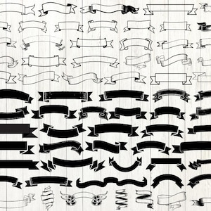 May include: A collection of hand-drawn banners and ribbons in black and white. The designs vary in shape and style, with some featuring decorative elements. The image is suitable for digital design projects.