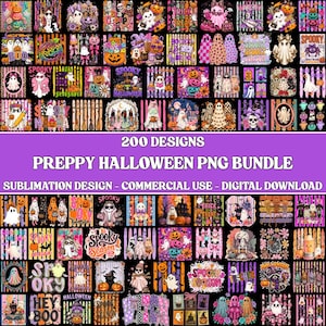 May include: A digital collection of 200 Halloween-themed PNG designs featuring ghosts, pumpkins, skulls, and floral patterns in pink, orange, and purple color palettes. The graphics include text elements like Spooky Season, Trick or Treat, and Hey Boo.
