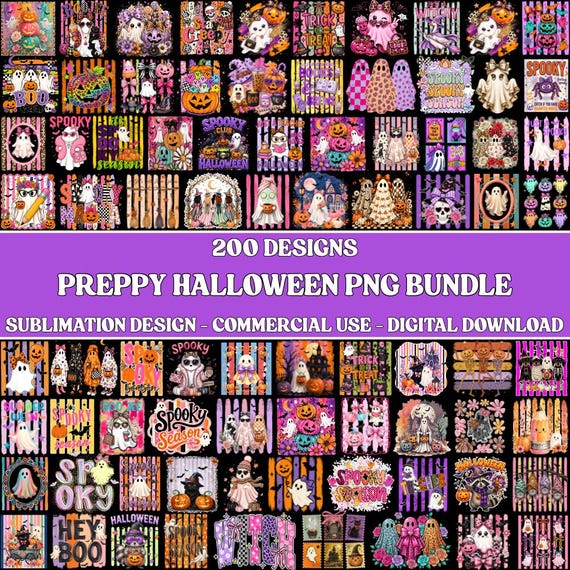 200+ Preppy Halloween PNG Bundle, Funny Spooky Ghost Designs, Retro Coquette Boo, Digital Download