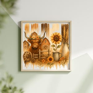 May include: Watercolor print of a Highland cow wearing a floral crown, with barns, sunflowers, and wheat. The artwork is framed in a light wood frame, evoking a rustic, farmhouse theme. The color palette includes warm browns, yellows, and greens.