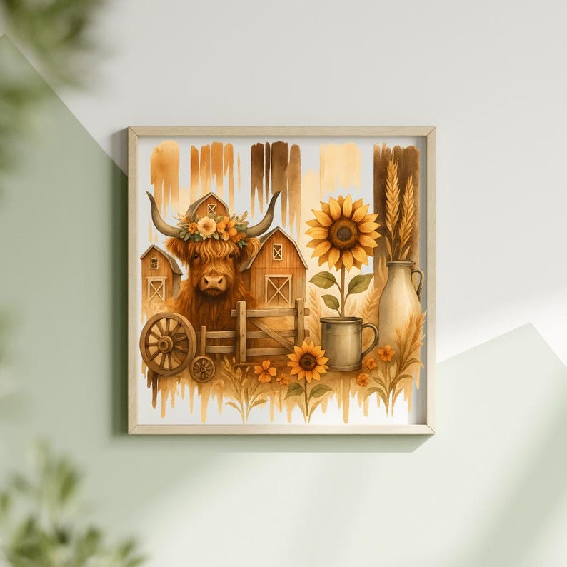 May include: Watercolor print of a Highland cow wearing a floral crown, with barns, sunflowers, and wheat. The artwork is framed in a light wood frame, evoking a rustic, farmhouse theme. The color palette includes warm browns, yellows, and greens.