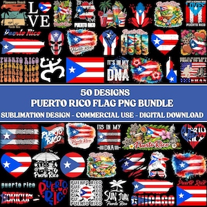 Puede incluir: Un conjunto digital de 50 diseños de la bandera de Puerto Rico. Los diseños incluyen banderas, corazones y elementos de texto como "Puerto Rico" e "It's in my DNA". La imagen también incluye el texto "50 DESIGNS PUERTO RICO FLAG PNG BUNDLE".