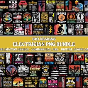 Puede incluir: Un conjunto digital de 100 diseños PNG con temática de electricista para sublimación. Los diseños presentan texto y gráficos relacionados con electricistas y trabajos eléctricos, con elementos de la bandera estadounidense. Incluye frases como "Electrician Legend" y "Husband Daddy Electrician Hero".
