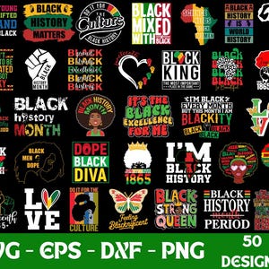 Peut inclure: Une collection de 50 designs numériques sur le thème du mois de l'histoire des Noirs. Les designs comprennent des phrases comme "Black History Matters", "Black King", "Black History Month", "Black Excellence", "Blackity", "Black Strong Queen", et "Black History Period". Les designs sont de différentes couleurs, notamment le noir, le rouge, le vert, le jaune et le blanc.