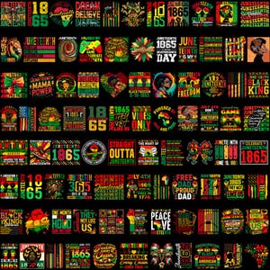 Pu&ograve; includere: Una collezione di disegni a tema Juneteenth in rosso, giallo, verde e nero. I disegni includono testo, illustrazioni e il numero 1865. Le immagini celebrano la libert&agrave; e la cultura nera.