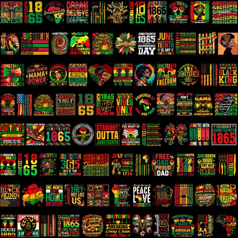 Pu&ograve; includere: Una collezione di disegni a tema Juneteenth in rosso, giallo, verde e nero. I disegni includono testo, illustrazioni e il numero 1865. Le immagini celebrano la libert&agrave; e la cultura nera.