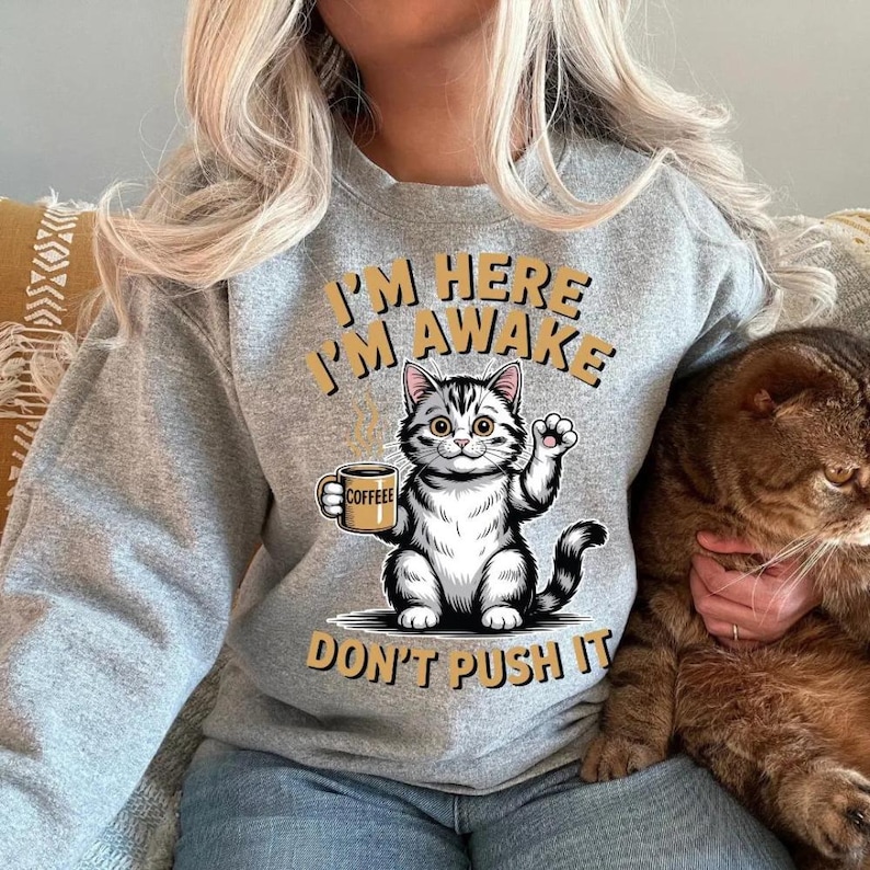 May include: A gray sweatshirt with the text "I'M HERE I'M AWAKE DON'T PUSH IT" and a cartoon cat holding a coffee mug. The cat is black and white with a friendly expression. The sweatshirt is worn by a person.