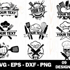 Può includere: Nove file di taglio SVG in bianco e nero con cappelli da chef e utensili da cucina. Il testo "YOUR TEXT" appare su ogni design.