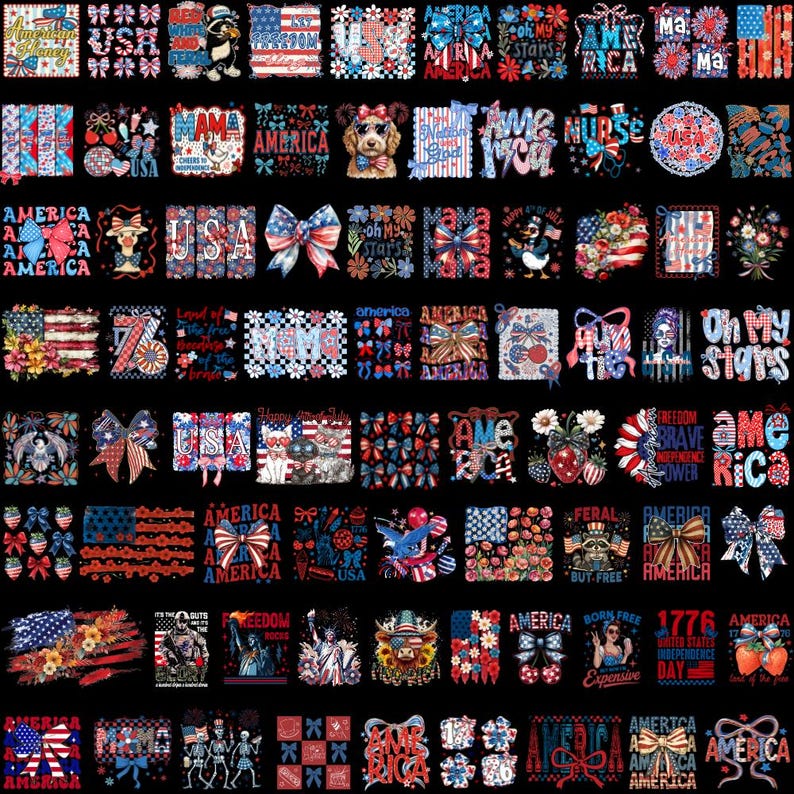 4th of July PNG Bundle, USA Flag, American Mama, Coquette Bow, Floral ...