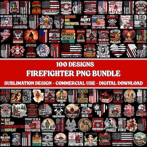 Pode incluir: Um pacote gráfico para download digital com 100 designs com tema de bombeiro. Os designs incluem bandeiras americanas, texto e ilustrações relacionadas a bombeiros, adequados para sublimação e uso comercial. A imagem tem um esquema de cores vermelho e preto.