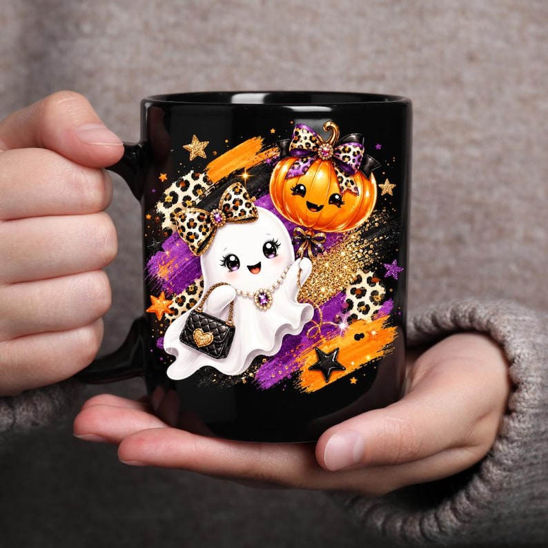 May include: A black ceramic mug featuring a graphic of a white ghost wearing a leopard print bow and carrying a black quilted handbag. The ghost holds an orange pumpkin balloon with a matching leopard print bow, set against purple and gold accents.