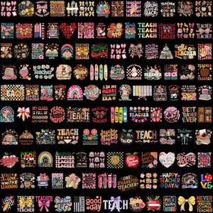 May include: A collection of teacher-themed designs on a black background. The designs include text such as "Teacher", "Teach", and "Happy Teacher Day", along with various graphics like apples, rainbows, and books. The color palette is diverse, with pinks, blues, and yellows.