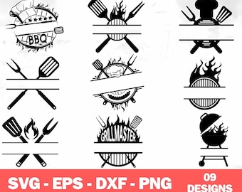 BBQ Grill Split Monogram SVG Bundle: Custom Text Frame (Digital Files)