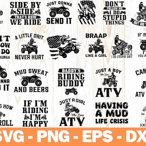 Puede incluir: Una colección de gráficos en blanco y negro con temática de ATV con varias frases como "Let the Dirt Fly" y "Having a Mud Life Crisis". Los diseños incluyen ATVs y pilotos, perfectos para ropa o calcomanías. Las medidas no son aplicables.