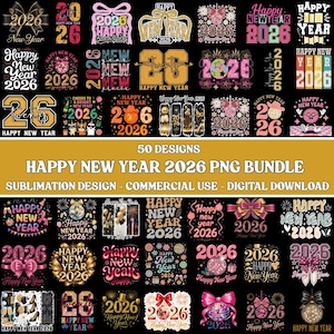 2026年新年おめでとう PNGバンドル、昇華デザイン（デジタルダウンロード）