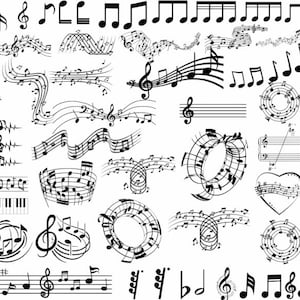 May include: A collection of black musical notes and symbols on a white background. The notes are arranged in various patterns, including swirls, lines, and hearts. There are also some musical clefs and other symbols.