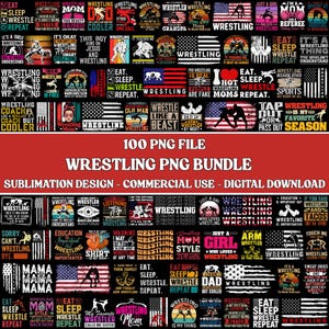 Könnte beinhalten: Ein digitales Download-Grafikpaket mit 100 PNG-Dateien mit Wrestling-Designs. Die Designs umfassen Text und Illustrationen zum Thema Wrestling, wie z. B. Flaggen, Wrestler und motivierende Sätze. Das Paket ist für Sublimation und kommerzielle Nutzung bestimmt.