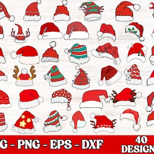 May include: A collection of 40 Christmas hat designs in red, white, and green. The hats vary in style, including traditional Santa hats, striped, polka-dotted, and decorated with antlers, holly, and lights. The image includes the text "SVG - PNG - EPS - DXF" and "40 DESIGNS".
